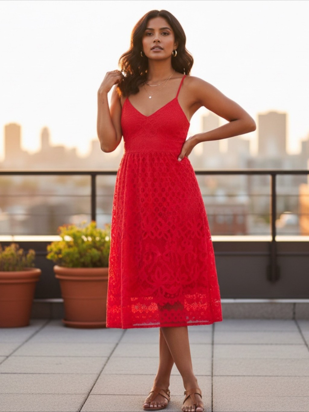 Dex Vibrant Pink Lace Midi Dress